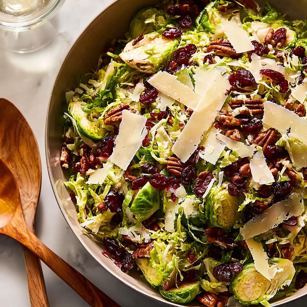 A vibrant One-Pan Thanksgiving Salad featuring shredded Brussels sprouts, dried cranberries, pecans, and shaved Parmesan cheese.