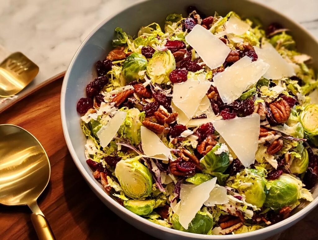 A vibrant bowl of one-pan Thanksgiving salad featuring Brussels sprouts, cranberries, pecans, and shaved Parmesan.