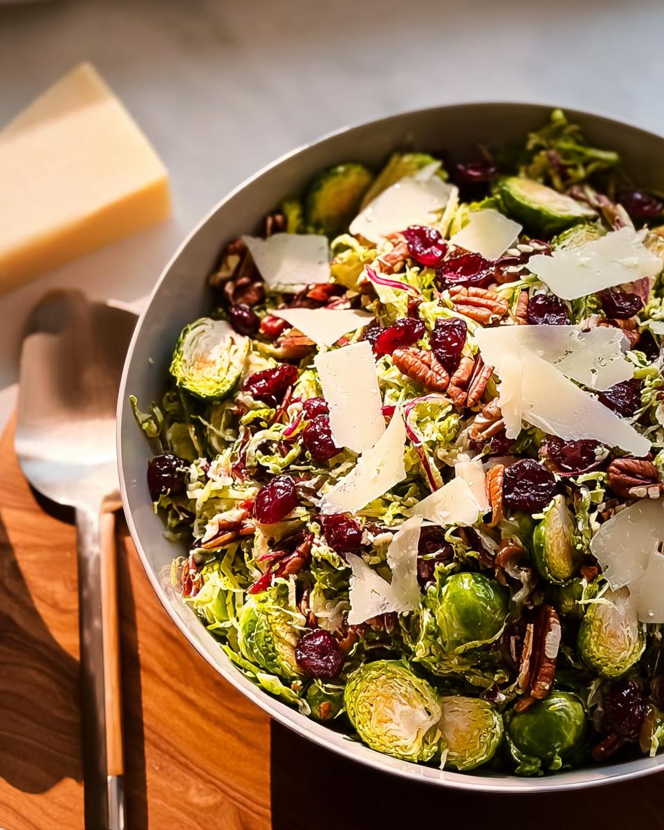 A vibrant One-Pan Thanksgiving Salad featuring Brussels sprouts, dried cranberries, pecans, and shaved Parmesan cheese.