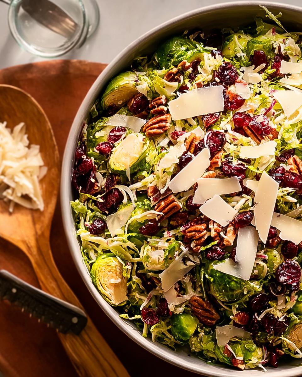 A vibrant one-pan Thanksgiving salad featuring shredded Brussels sprouts, dried cranberries, pecans, and shaved Parmesan cheese.