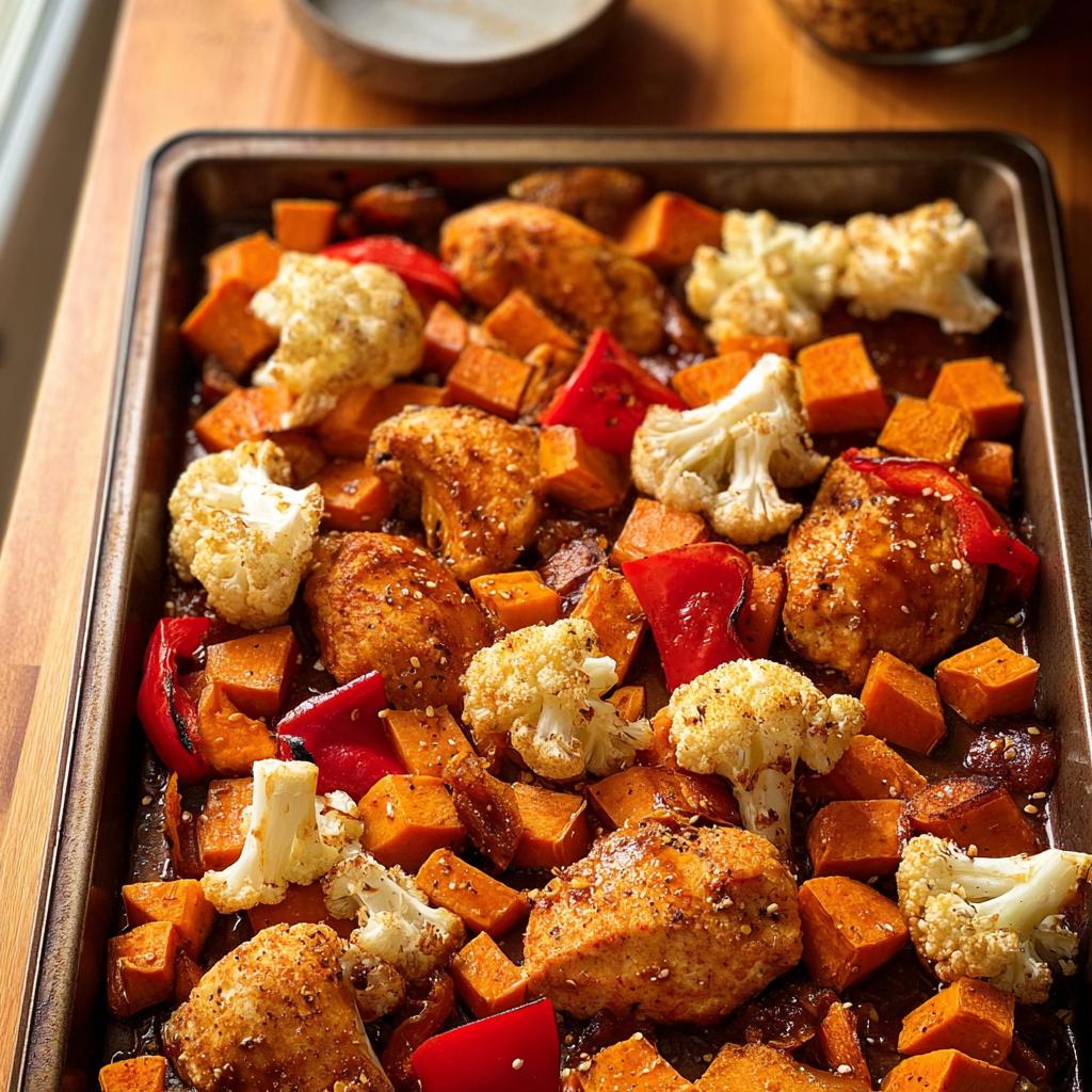 A close-up of a one-pan Thanksgiving veggie tray featuring roasted sweet potatoes, cauliflower, red bell peppers, and chicken pieces.
