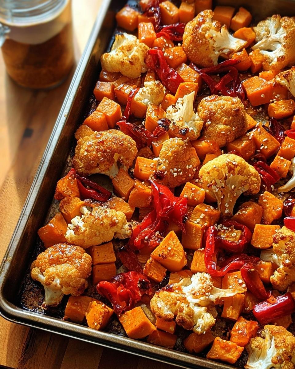 A close-up of a one-pan Thanksgiving veggie tray filled with roasted cauliflower, butternut squash, and red peppers, sprinkled with sesame seeds.