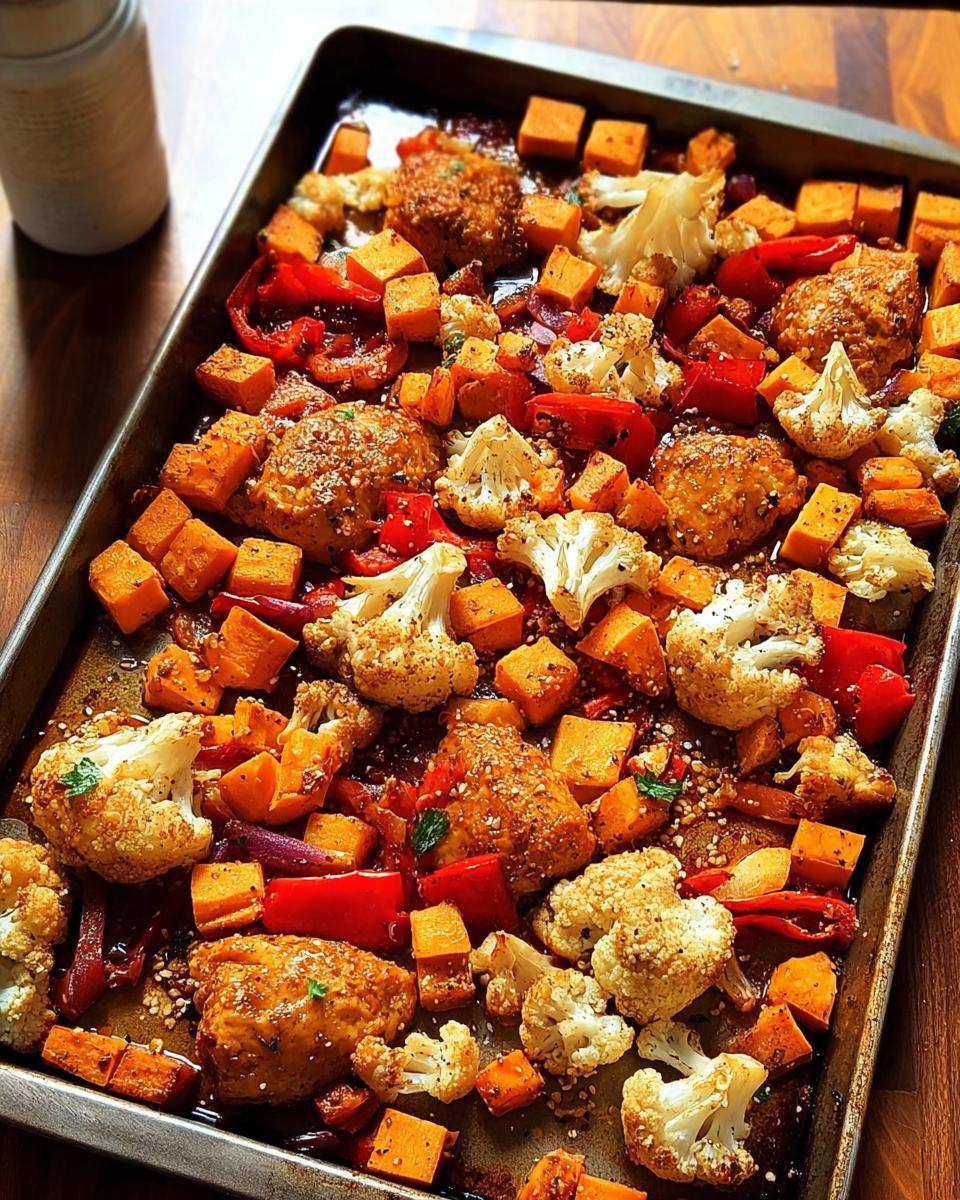 A colorful one-pan Thanksgiving veggie tray filled with roasted sweet potatoes, cauliflower, red peppers, and red onion.