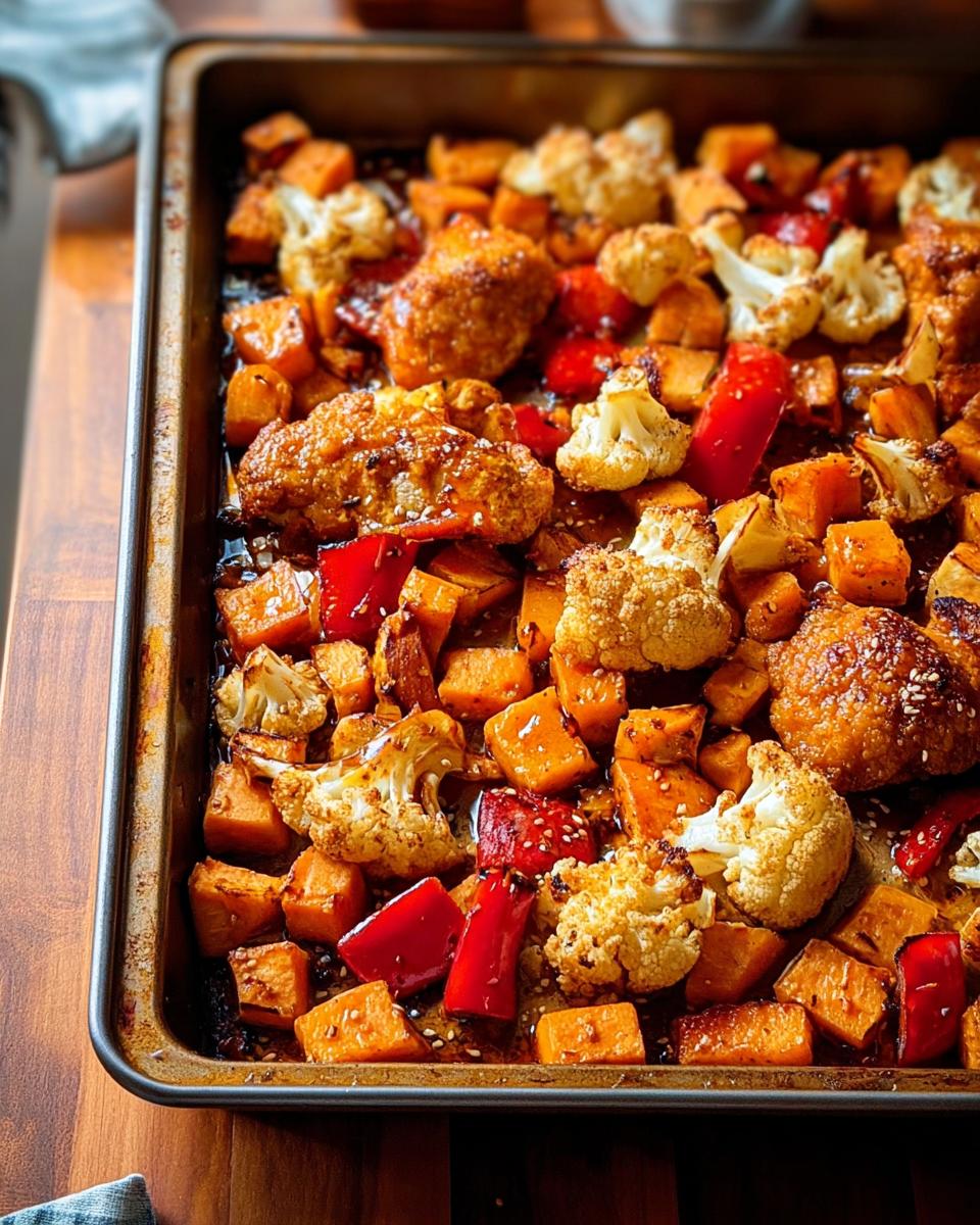 A close-up of a One-Pan Thanksgiving Veggie Tray filled with roasted sweet potatoes, cauliflower florets, and red bell peppers.