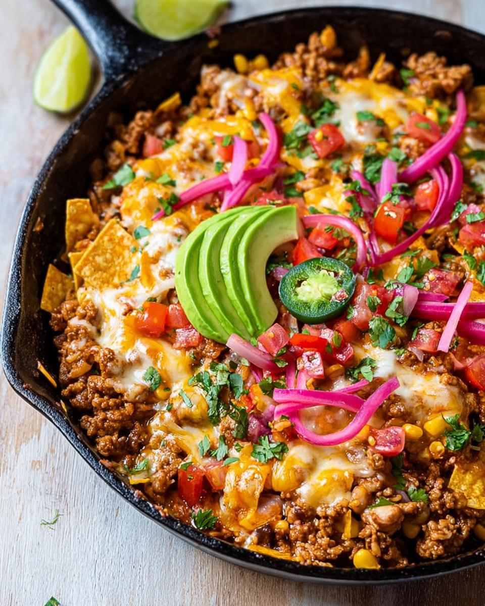A close-up of a delicious One-Pot Turkey Taco Skillet topped with avocado, jalapeños, tomatoes, and pickled red onions.