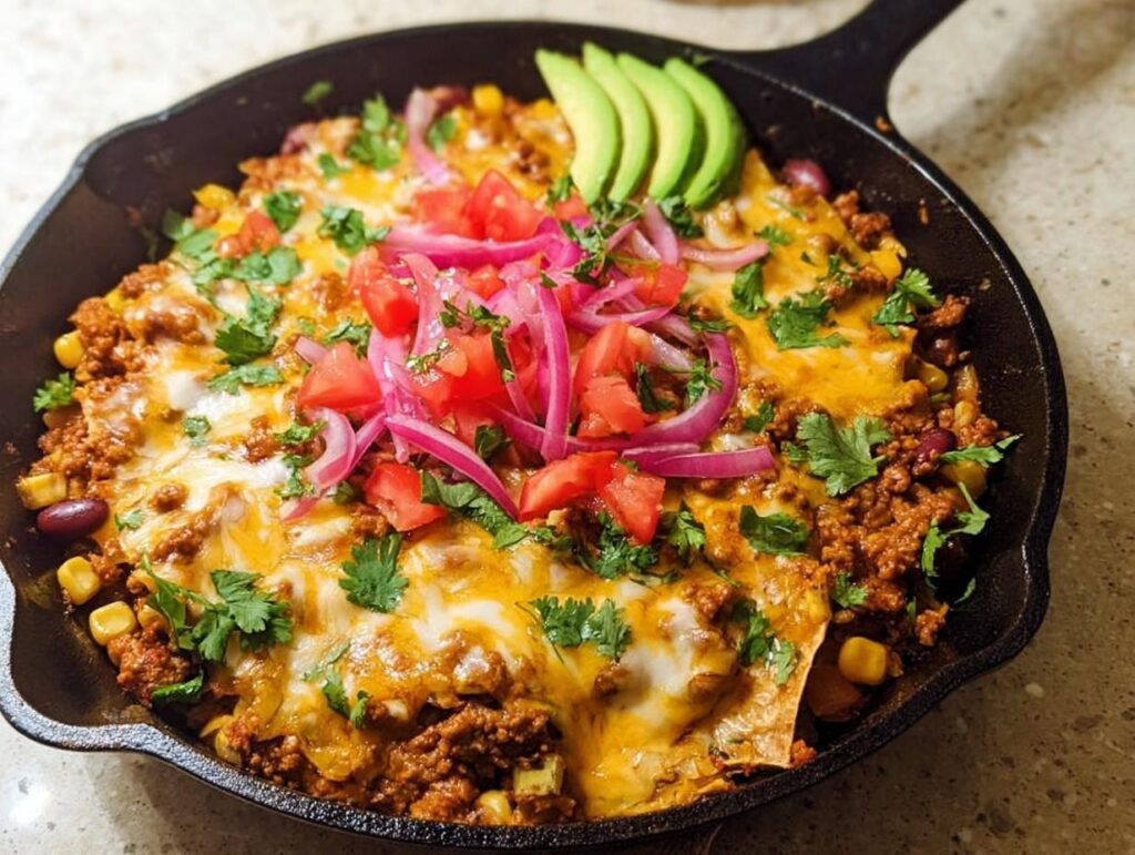 A close-up of a One-Pot Turkey Taco Skillet filled with seasoned ground turkey, corn, beans, and melted cheese, topped with avocado, red onion, and cilantro.
