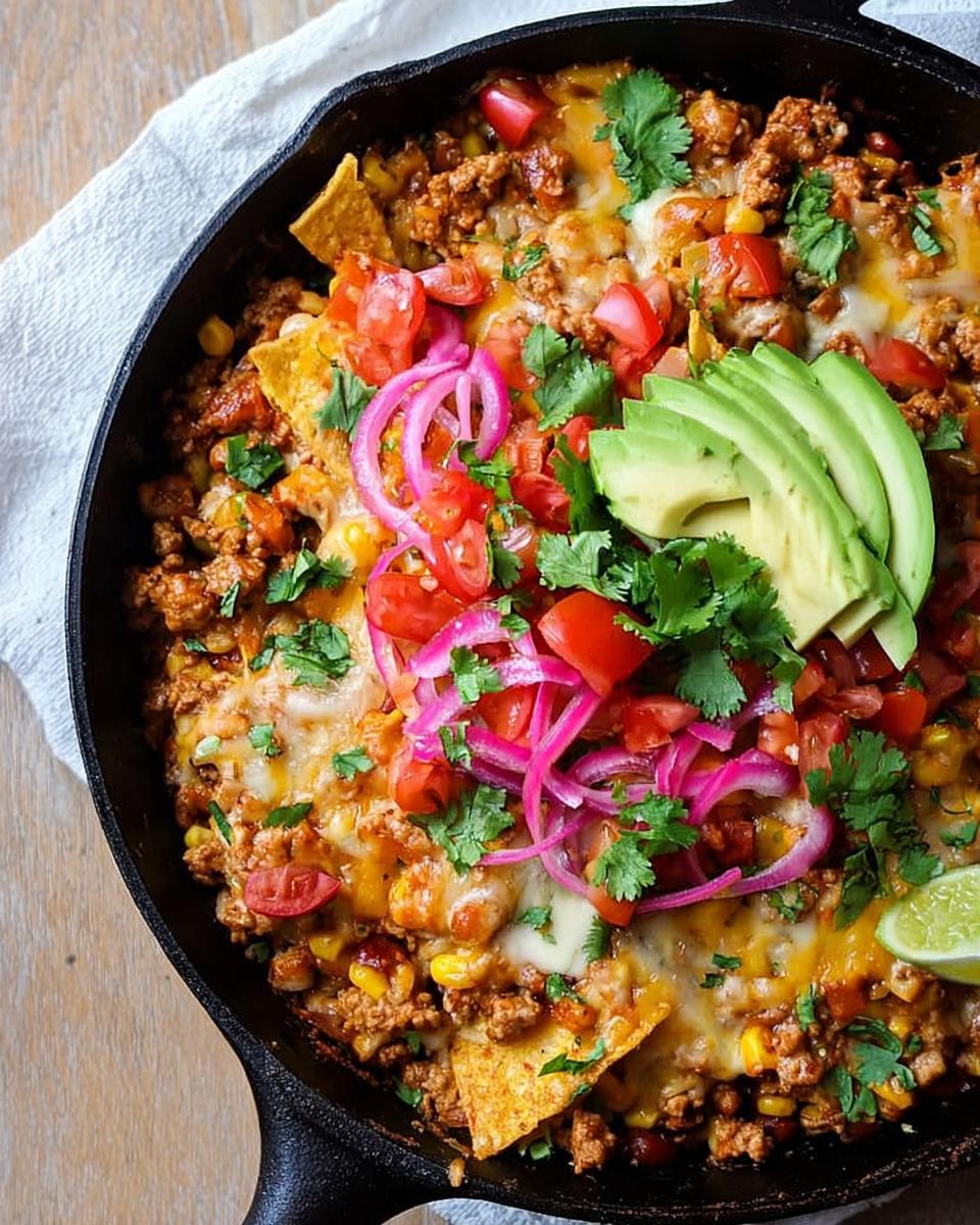 A close-up overhead view of a delicious One-Pot Turkey Taco Skillet topped with cheese, tomatoes, avocado, and red onions.