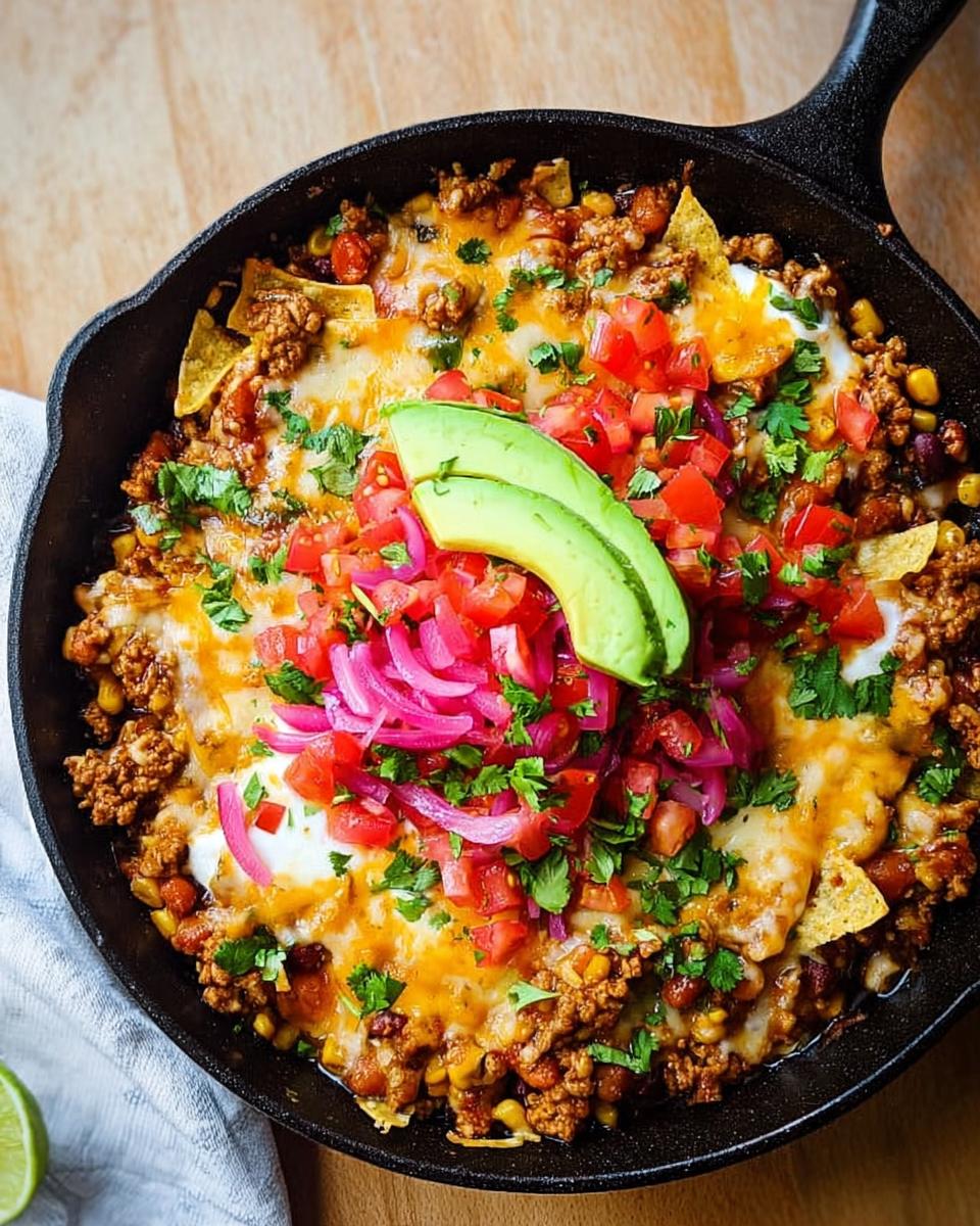A close-up of a bubbling One-Pot Turkey Taco Skillet topped with melted cheese, diced tomatoes, pickled red onions, avocado, and cilantro.