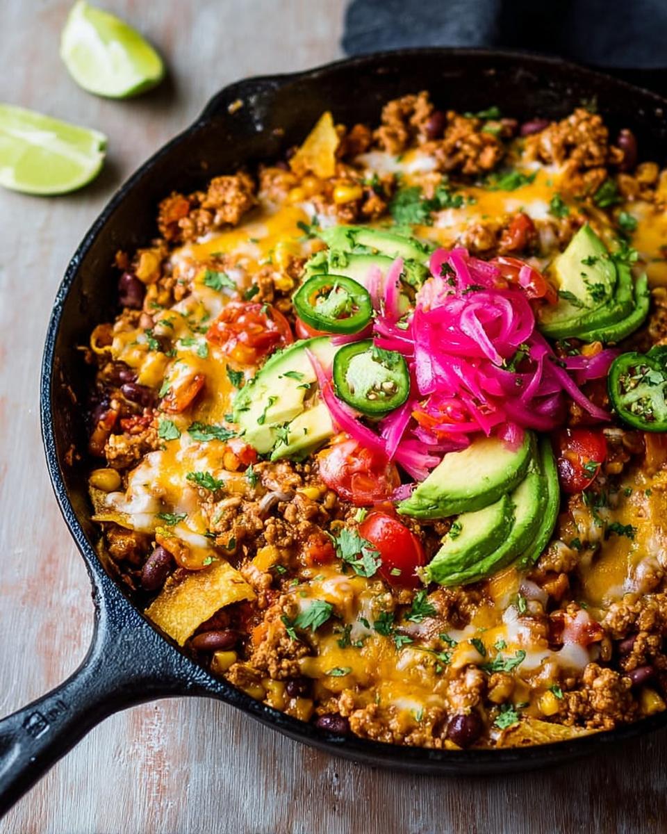A close-up of a delicious One-Pot Turkey Taco Skillet topped with avocado, pickled onions, jalapeños, and cilantro.