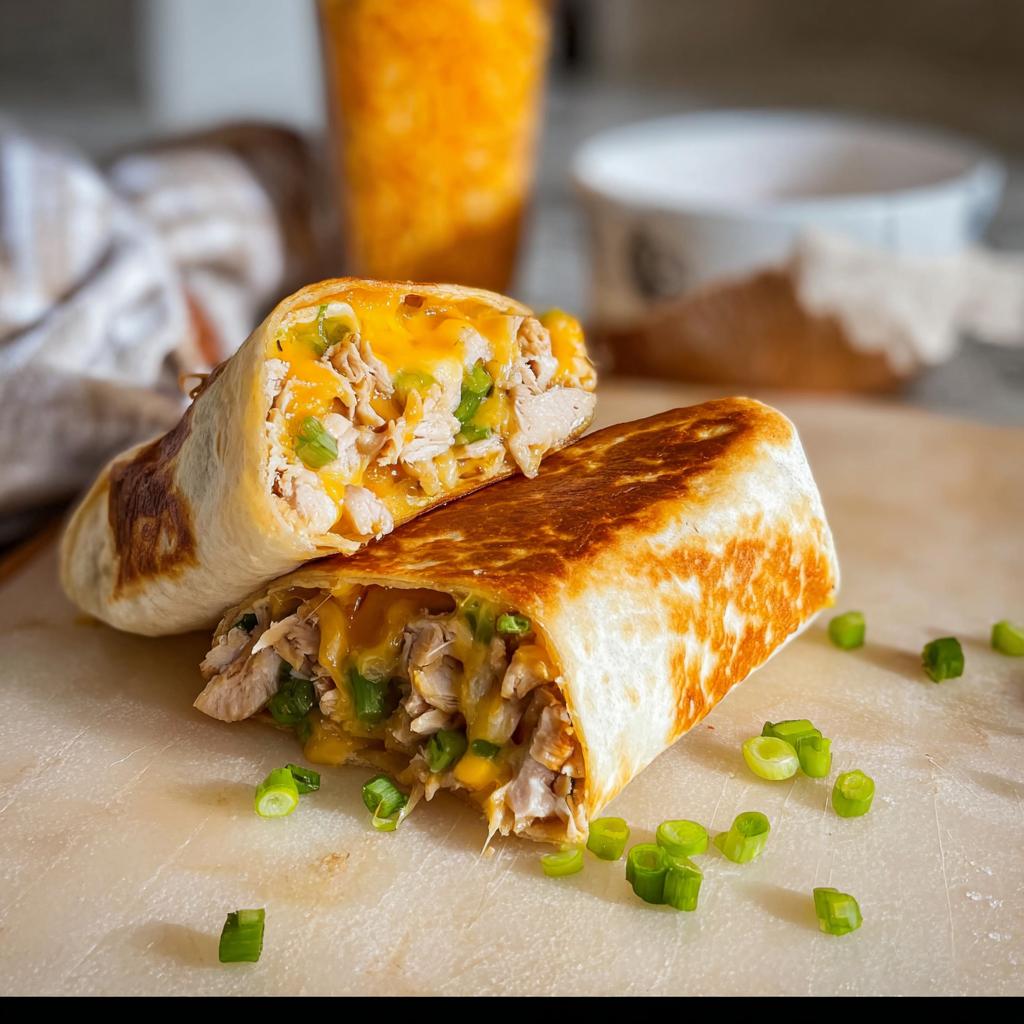 A close-up of Ooey-Gooey Cheesy Garlic Chicken Wraps, cut in half to reveal shredded chicken, melted cheese, and green onions.