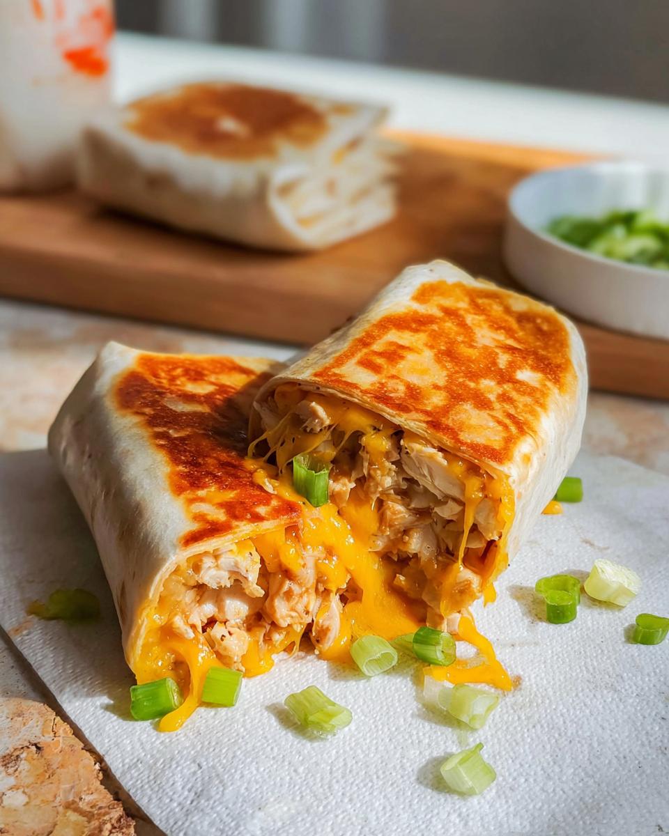 A close-up of Ooey-Gooey Cheesy Garlic Chicken Wraps, cut in half, with melted cheese oozing out and garnished with green onions.