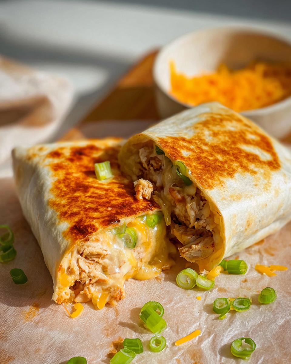 Close-up of Ooey-Gooey Cheesy Garlic Chicken Wraps, sliced in half, with melted cheese and green onions.