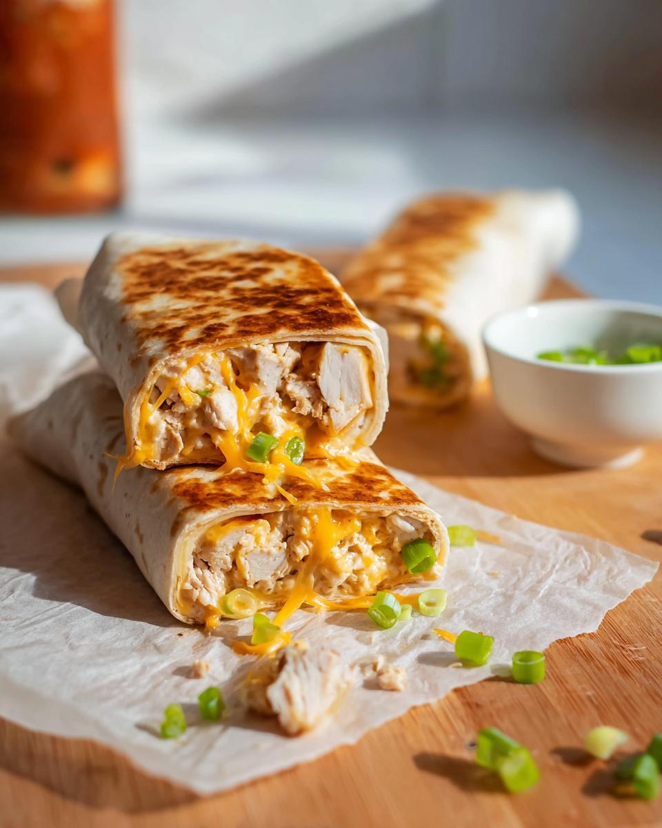 Two Ooey-Gooey Cheesy Garlic Chicken Wraps cut in half, revealing shredded chicken and melted cheese, garnished with green onions.