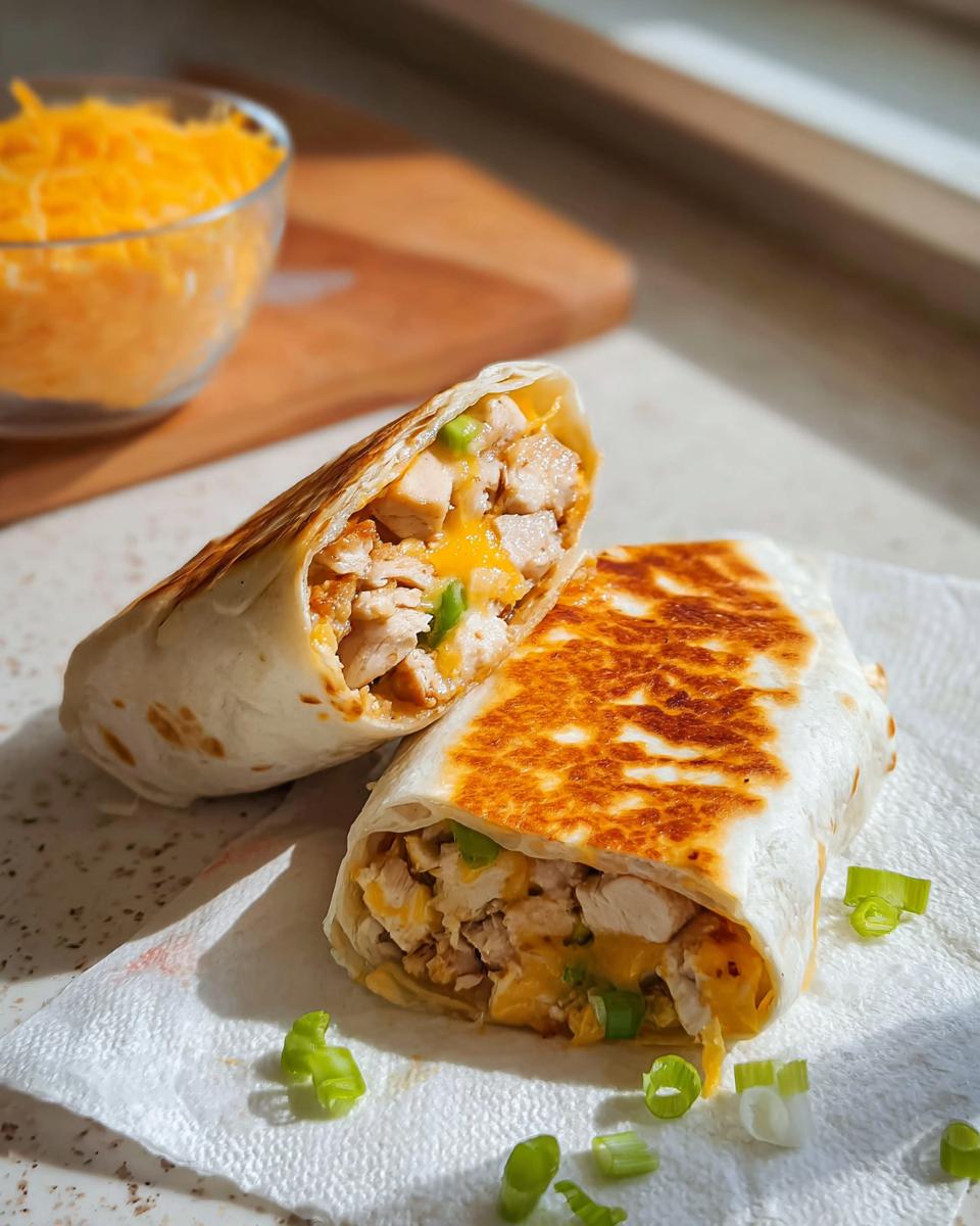 Close-up of Ooey-Gooey Cheesy Garlic Chicken Wraps cut in half, revealing chicken and melted cheese, garnished with green onions.