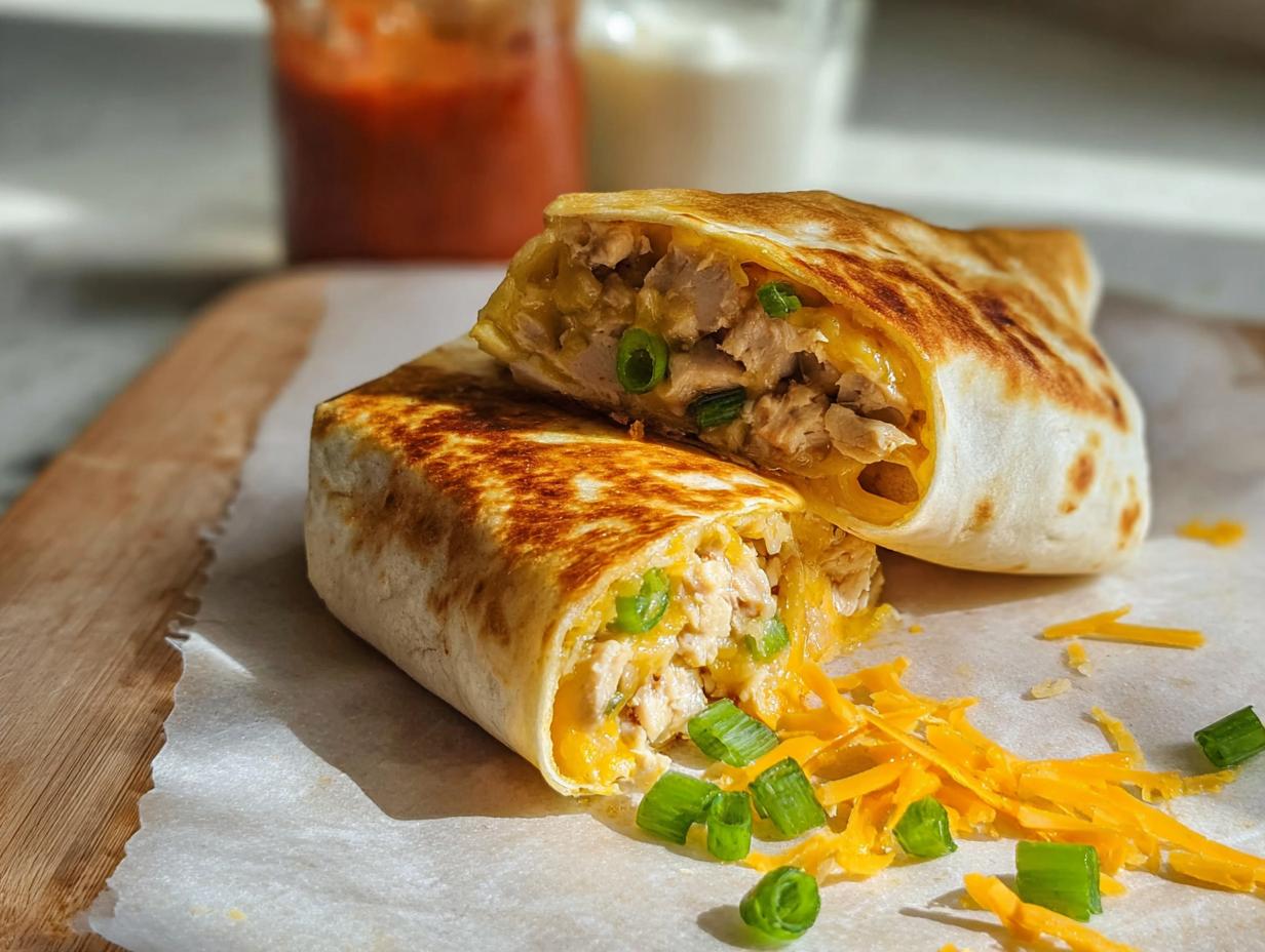 A close-up of Ooey-Gooey Cheesy Garlic Chicken Wraps, cut in half, showing melted cheese and chicken filling.