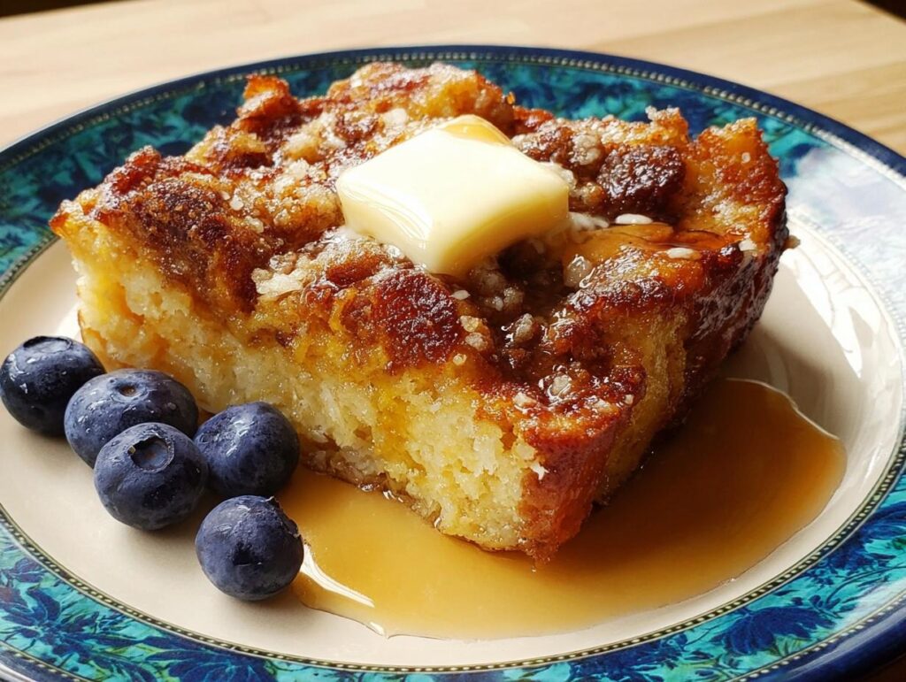 A square slice of golden Overnight French Toast Bake topped with melting butter and syrup, served with fresh blueberries.