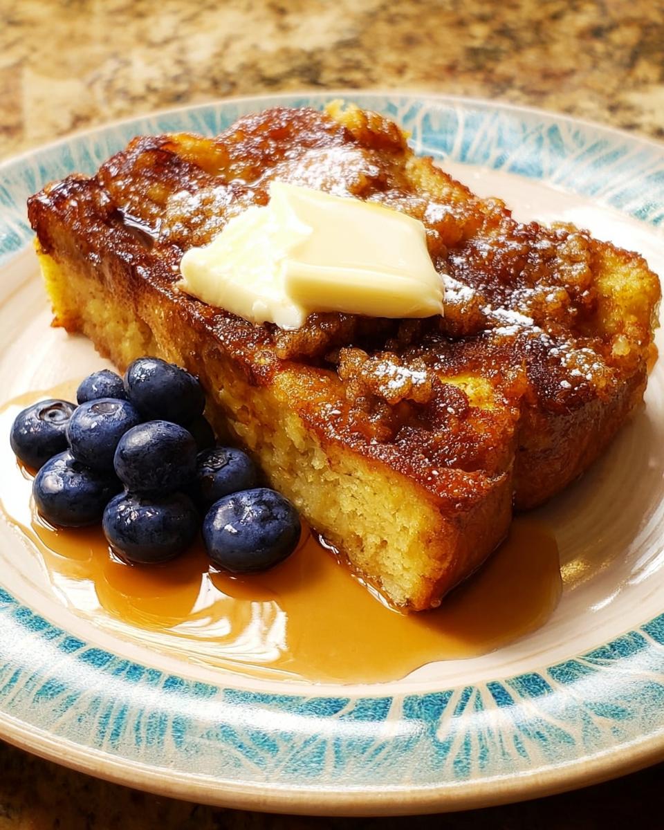 A thick slice of golden Overnight French Toast Bake topped with butter, syrup, and fresh blueberries.