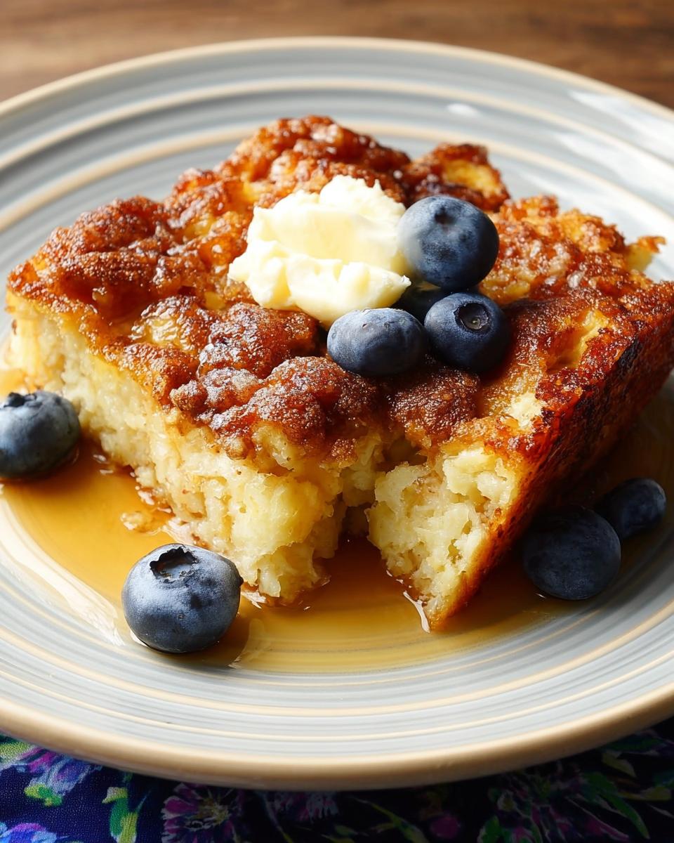 A square slice of moist Overnight French Toast Bake topped with butter, fresh blueberries, and maple syrup.