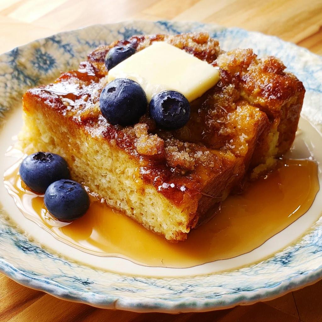 A thick slice of Overnight French Toast Bake topped with butter, fresh blueberries, and maple syrup.