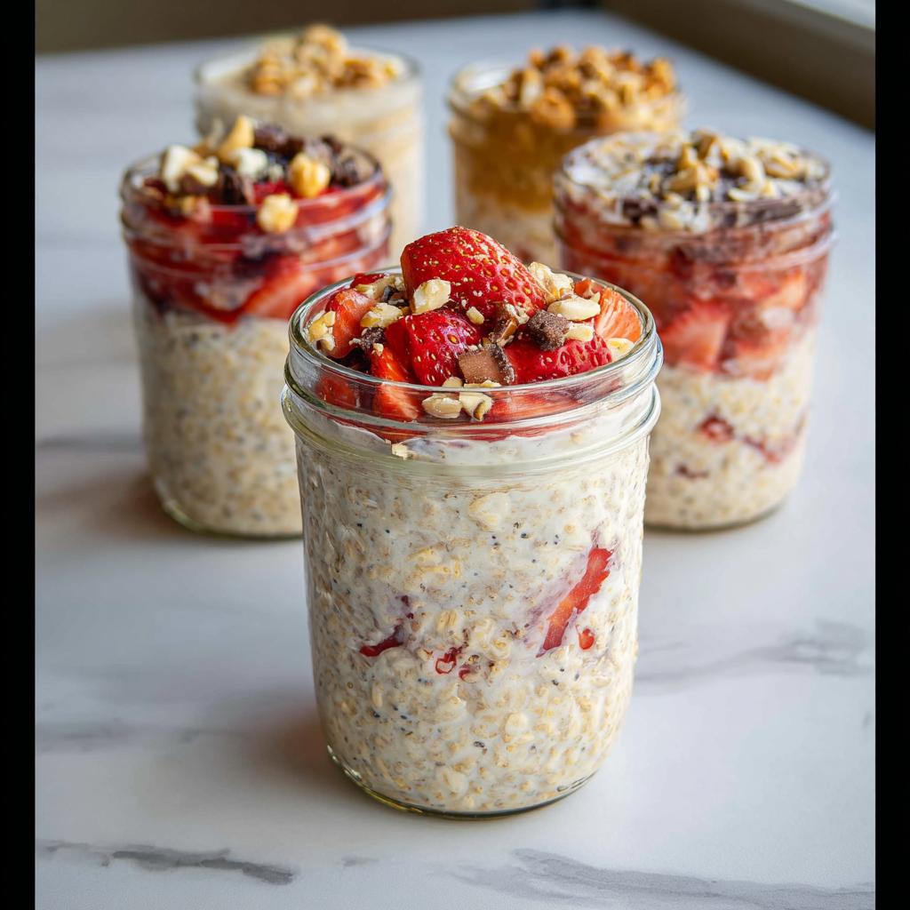Close-up of overnight oats with spooky toppings in a mason jar, featuring strawberries and nuts.