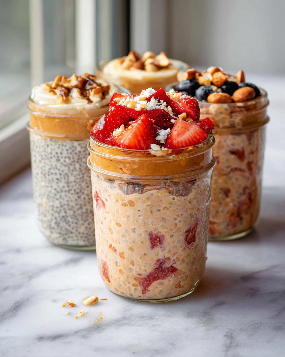 Four jars of overnight oats with various spooky toppings including strawberries, blueberries, nuts, and banana slices.