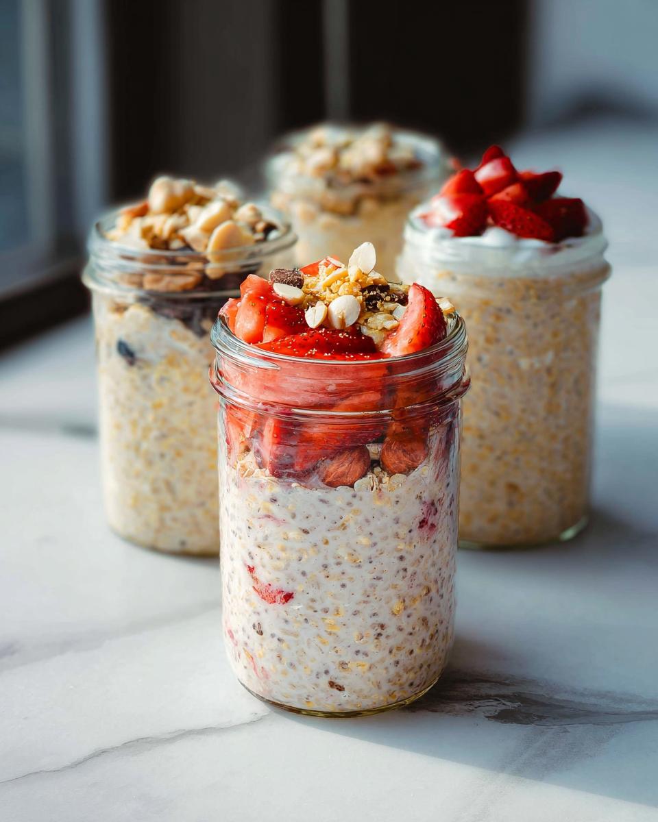 Four jars of overnight oats with spooky toppings like strawberries, nuts, and granola.