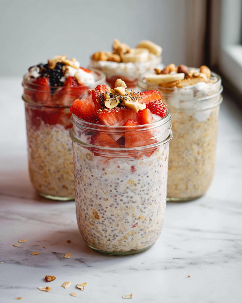 Four jars filled with Overnight Oats with Spooky Toppings, featuring strawberries, nuts, and seeds.