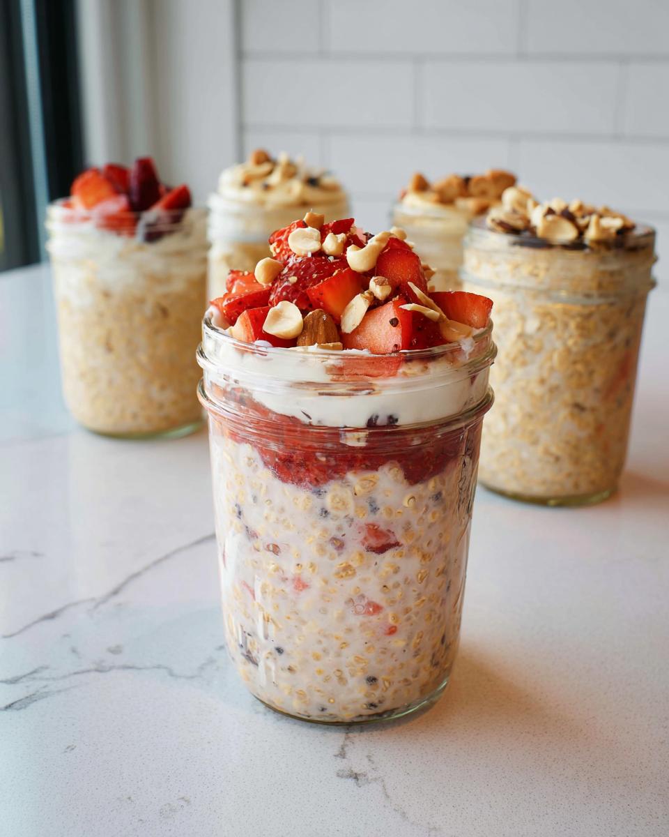 Close-up of a jar of overnight oats with strawberries, yogurt, and nuts, with other jars in the background.