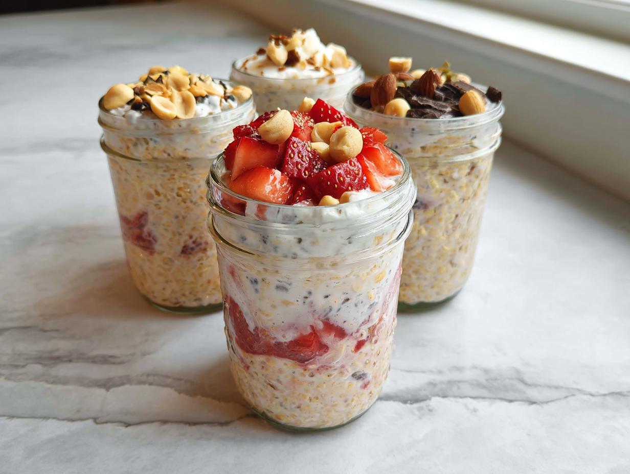 Four jars of overnight oats with various spooky toppings like strawberries, nuts, and chocolate.