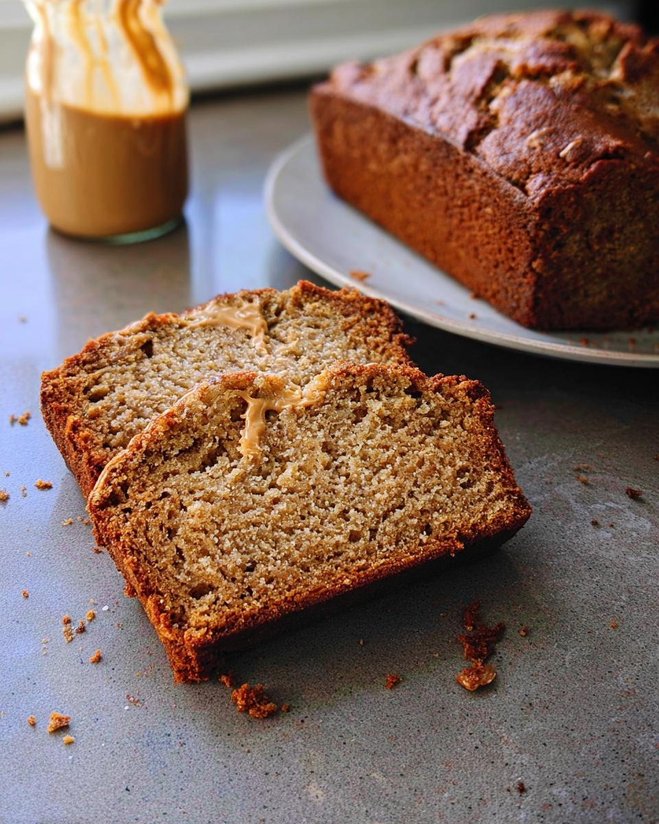 Two slices of moist Peanut Butter Banana Bread, one topped with peanut butter, with the loaf and peanut butter jar in the background.