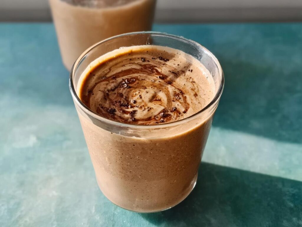 A close-up of a thick Peanut Butter Protein Smoothie topped with a dark chocolate swirl and cacao nibs.