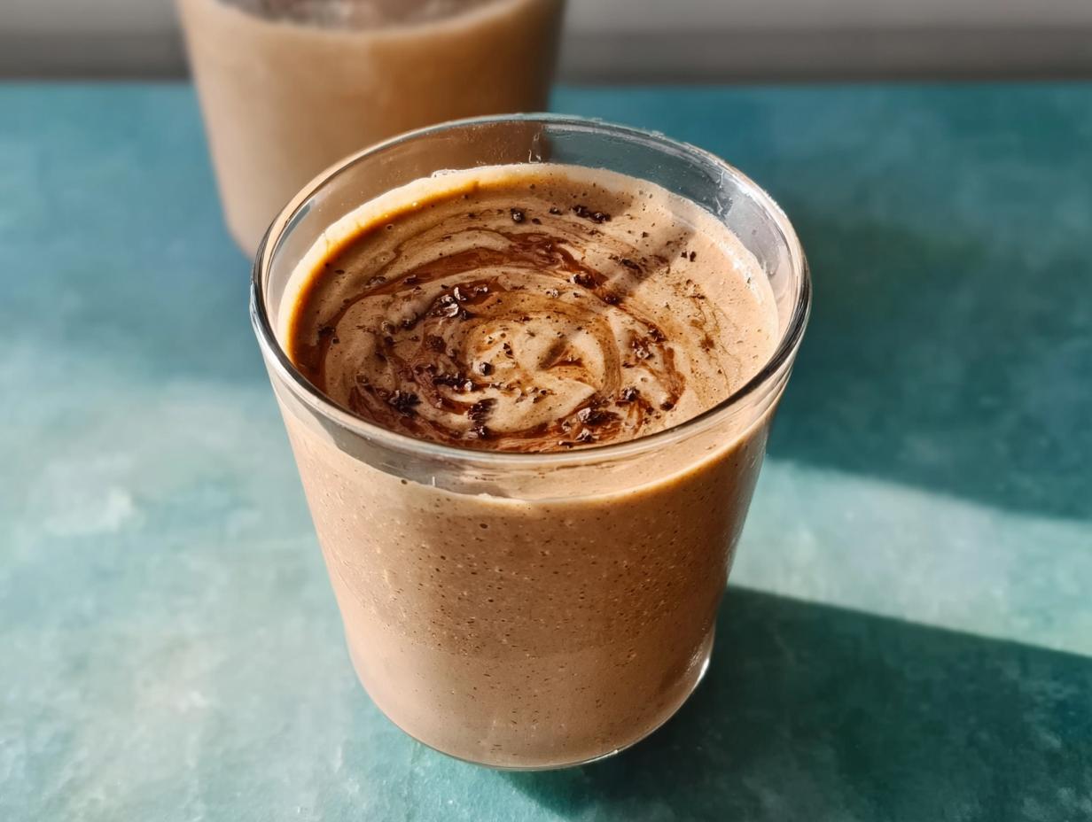 A close-up of a thick Peanut Butter Protein Smoothie topped with a dark chocolate swirl and cacao nibs.