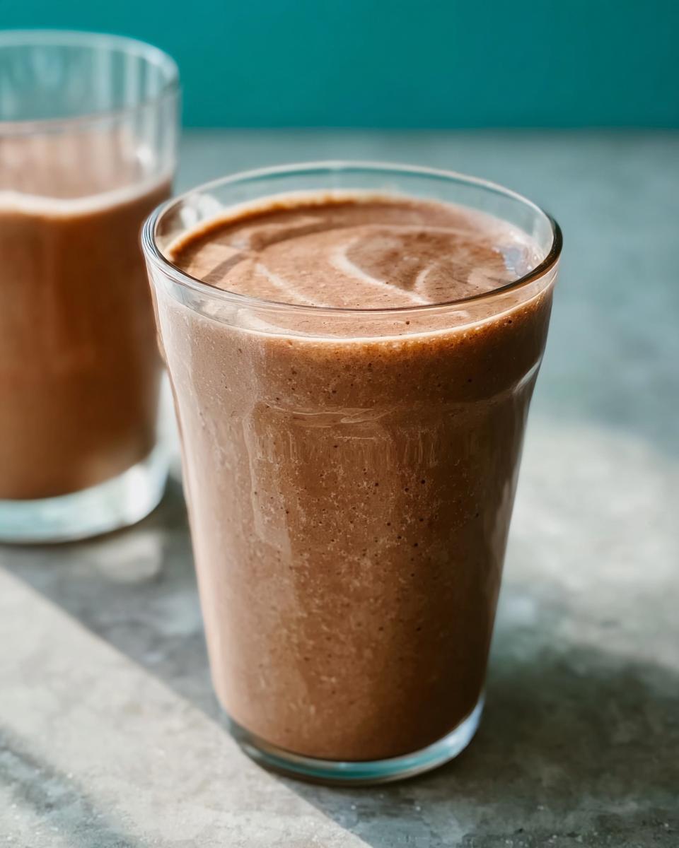 Close-up of a thick, brown Peanut Butter Protein Smoothie in a clear glass, with a swirl on top.