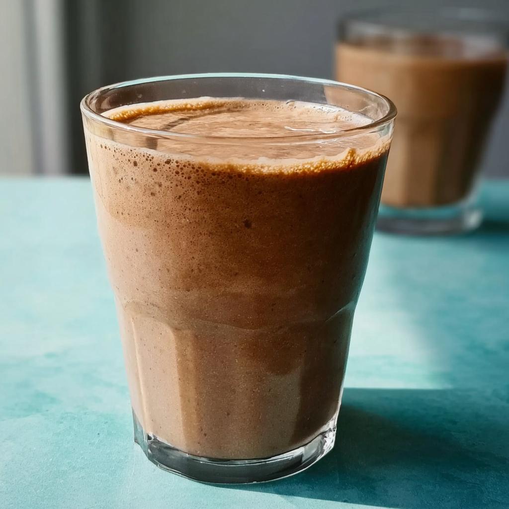 A close-up of a thick, brown Peanut Butter Protein Smoothie in a clear glass, with another glass blurred in the background.