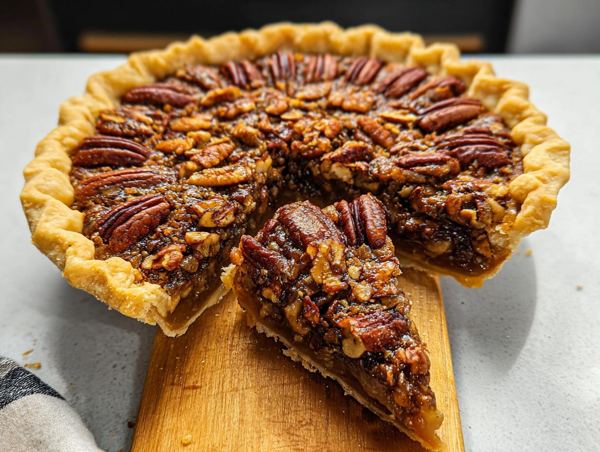 A slice of pecan pie, showcasing a golden crust and rich, nutty filling, perfect for Thanksgiving desserts.