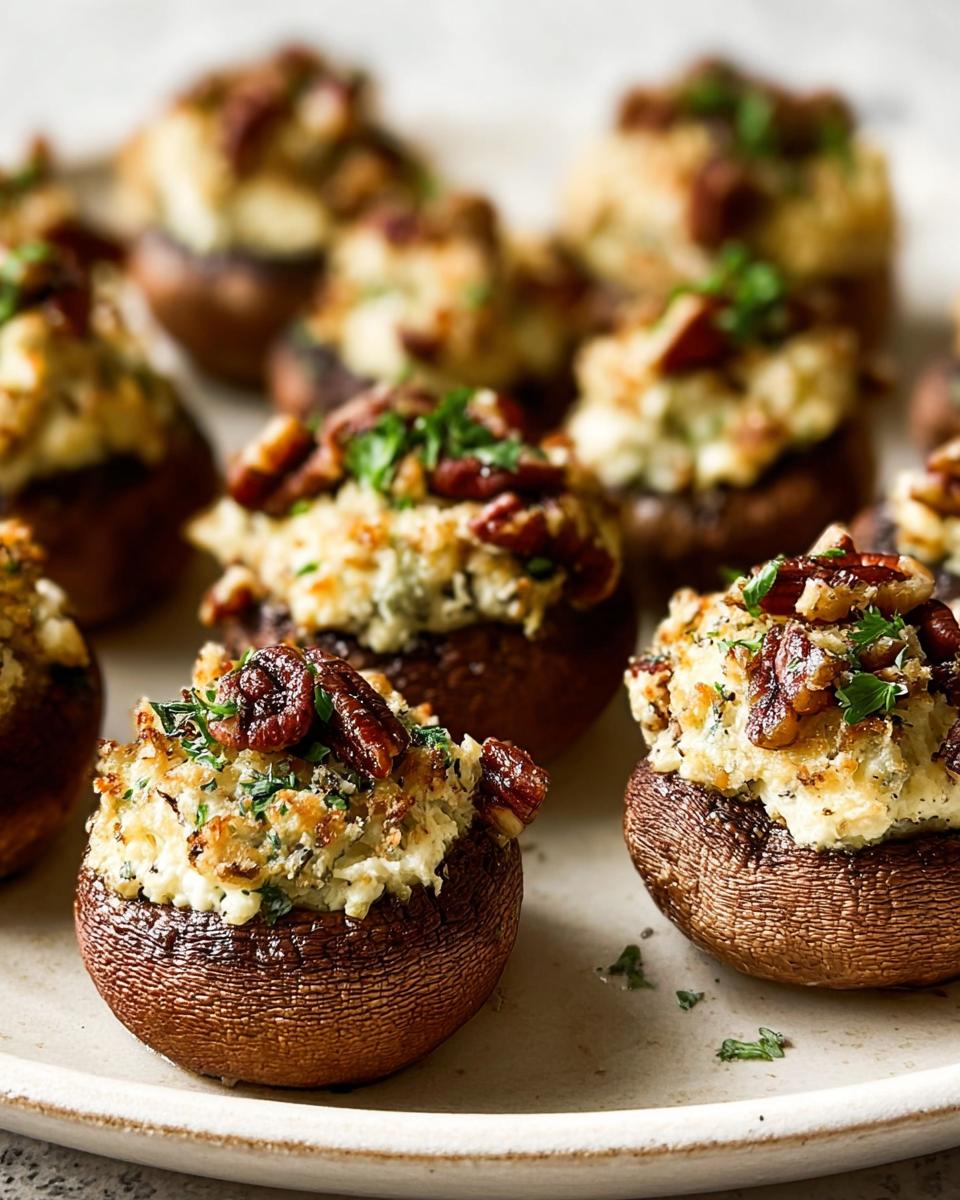 Close-up of baked Stuffed Mushrooms (Make Ahead) filled with creamy stuffing and topped with pecans and parsley.