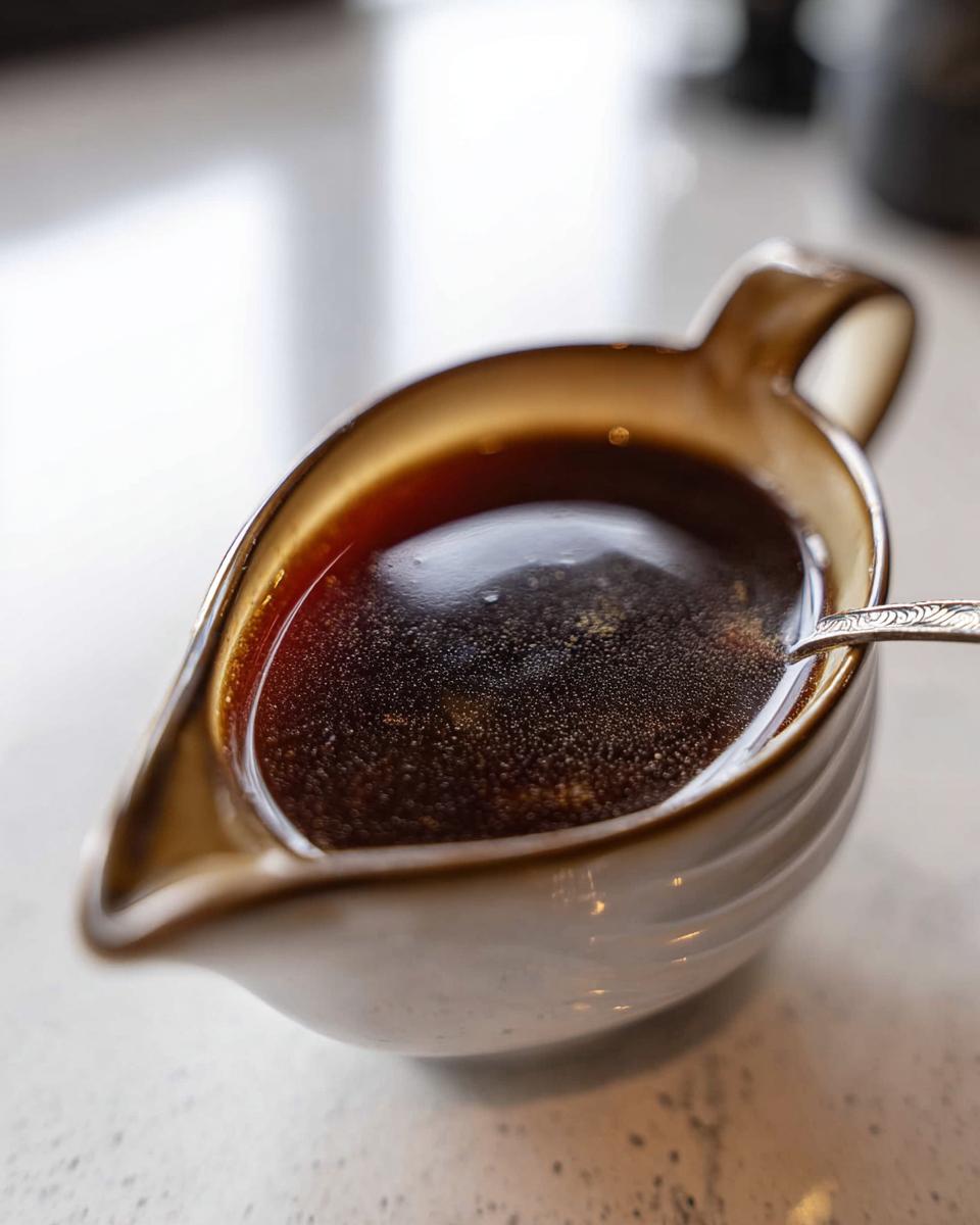 Close-up of rich, dark brown au jus recipe liquid with small bubbles in a ceramic gravy boat.