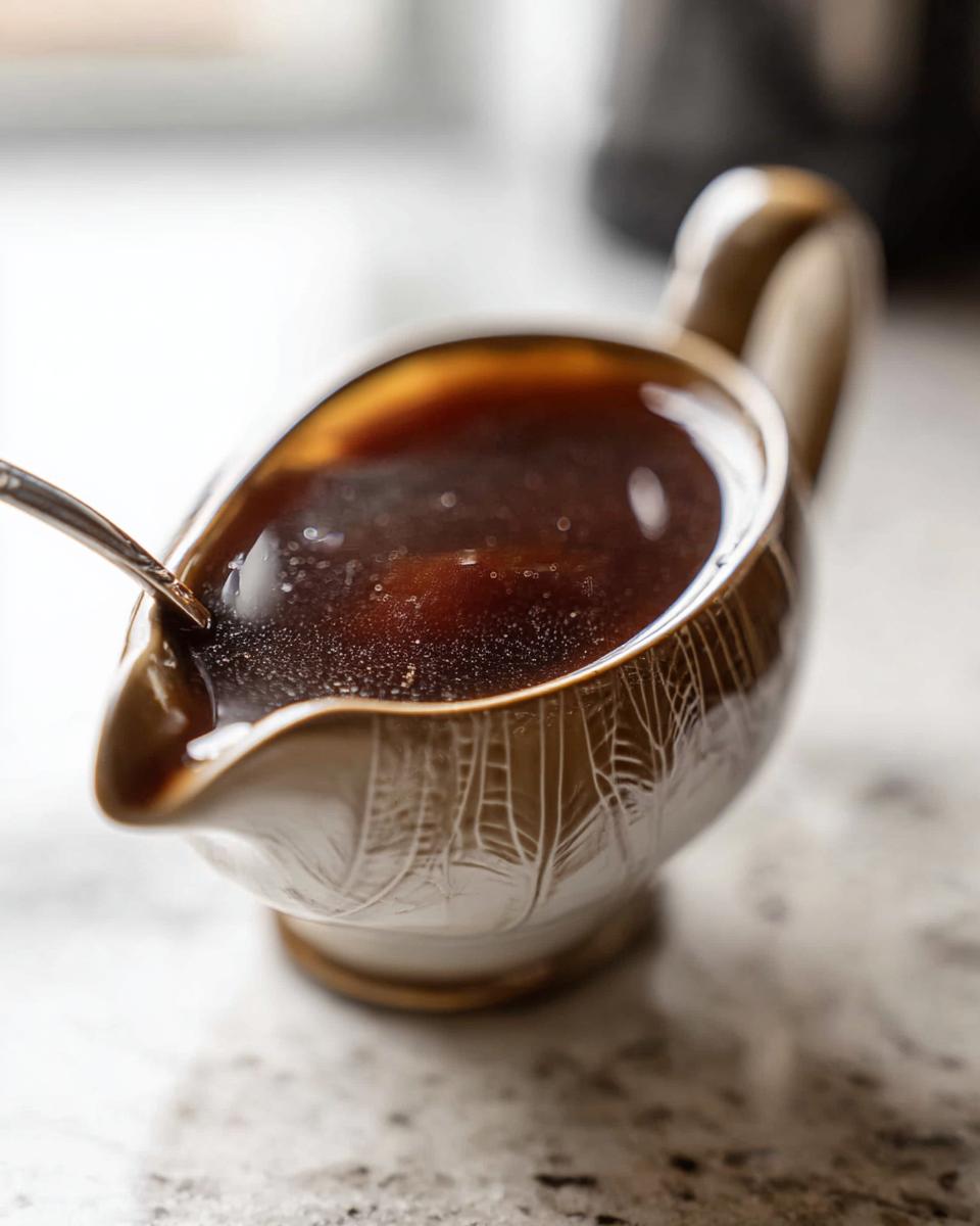 Close-up of rich, dark brown Au Jus Recipe liquid in a decorative ceramic gravy boat with a small spoon.