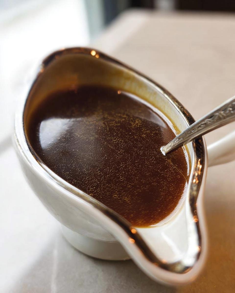 Close-up of rich, dark brown Au Jus Recipe liquid in a white, silver-rimmed gravy boat with a small spoon.
