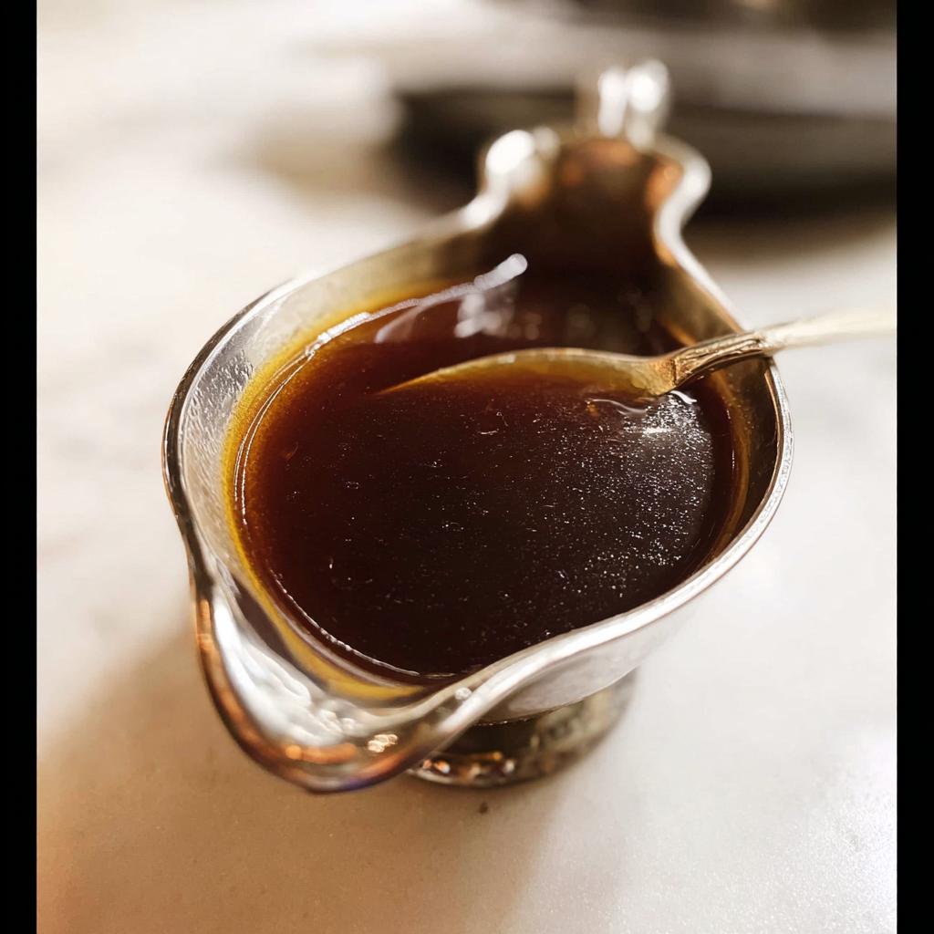 Close-up of rich, dark brown Au Jus Recipe liquid in an elegant silver-rimmed gravy boat with a small spoon.