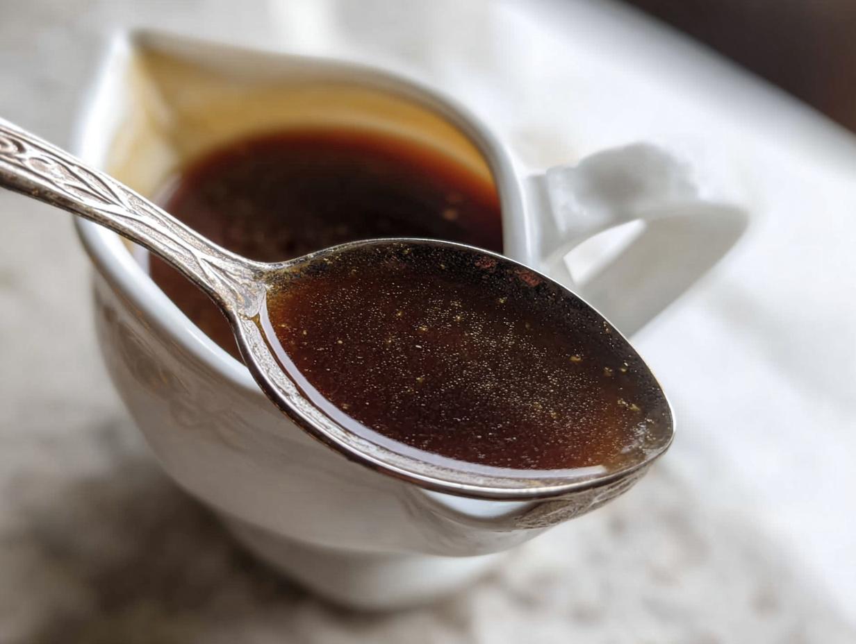 Close-up of rich, dark brown au jus recipe liquid being scooped by an ornate silver spoon from a white gravy boat.