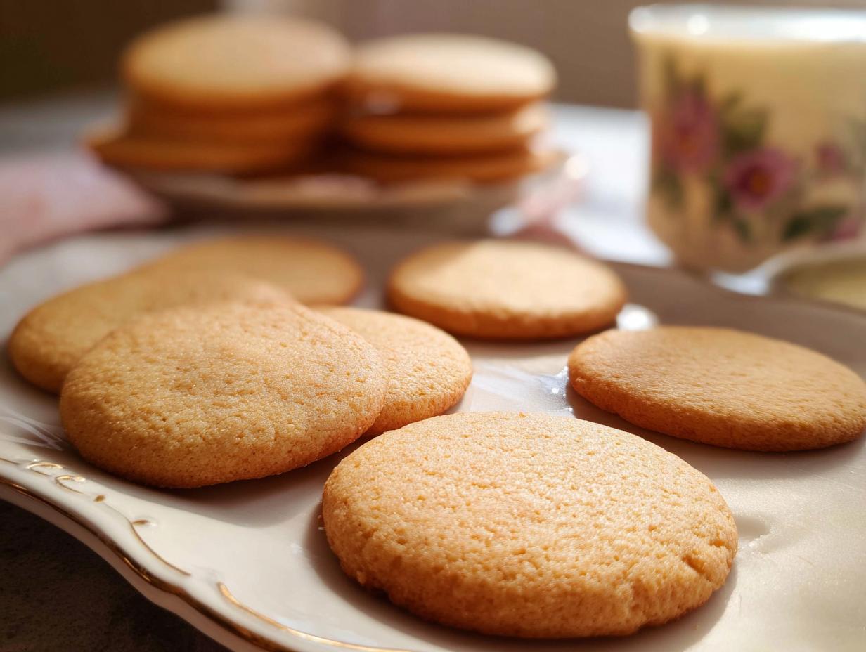 Close-up of golden brown, perfectly baked Cutout Sugar Cookies arranged on a decorative white plate.