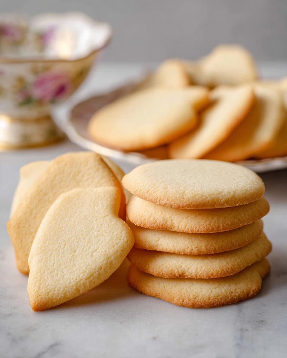 A stack and pile of plain, golden-brown Cutout Sugar Cookies showing their sharp edges on a marble surface.