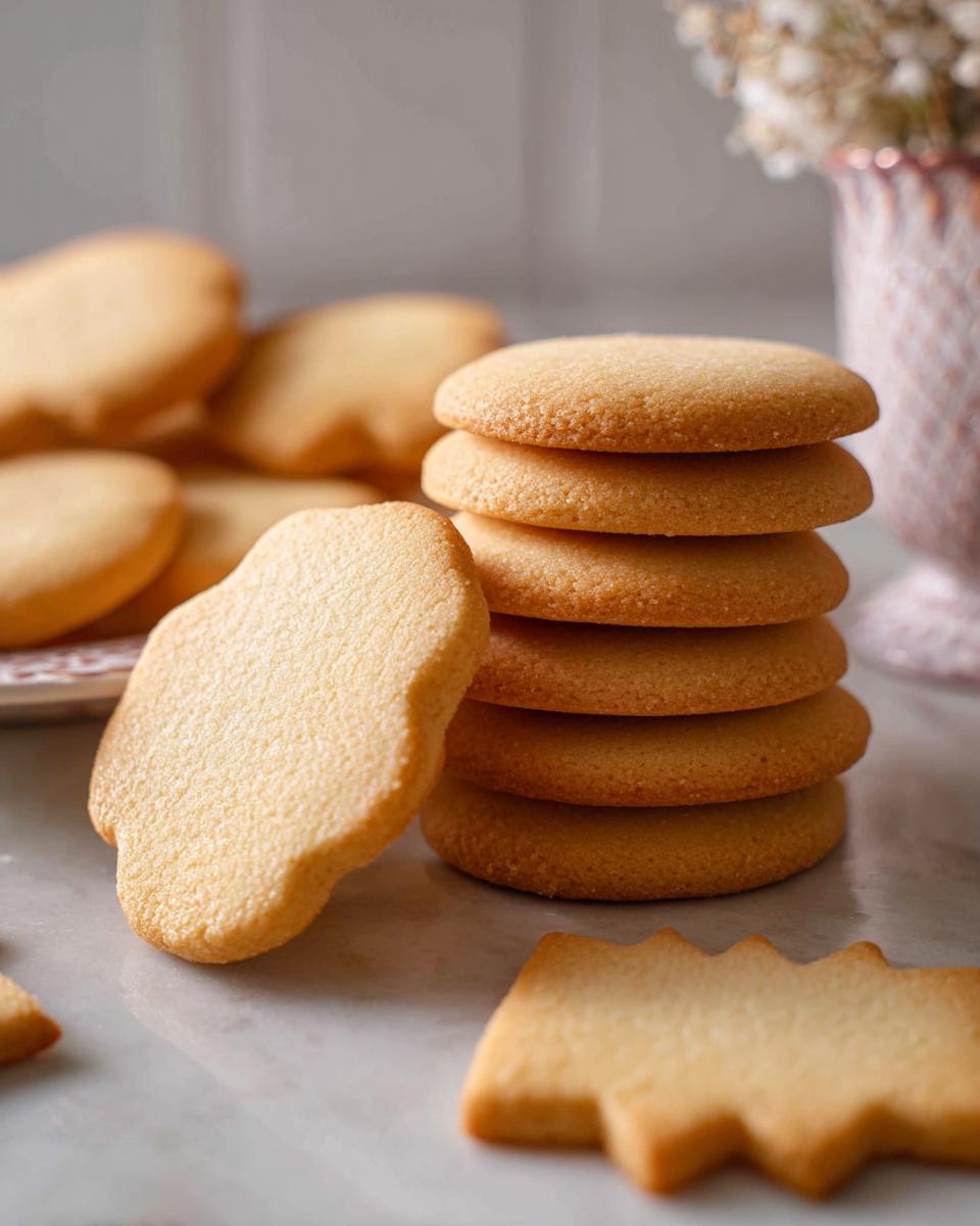A stack and scattered plain Cutout Sugar Cookies showing their uniform shape and sharp edges.