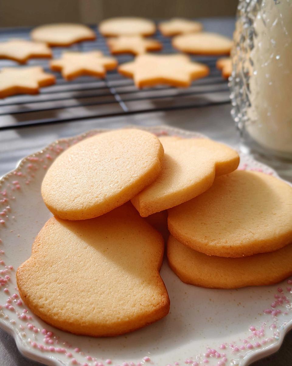 A stack of golden brown Cutout Sugar Cookies with sharp edges resting on a decorative plate, with more cookies cooling on a rack in the background.