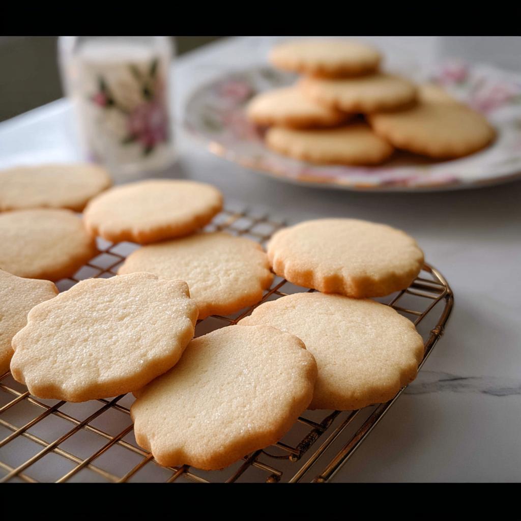 Several perfectly baked Cutout Sugar Cookies cooling on a gold wire rack, showing crisp edges.