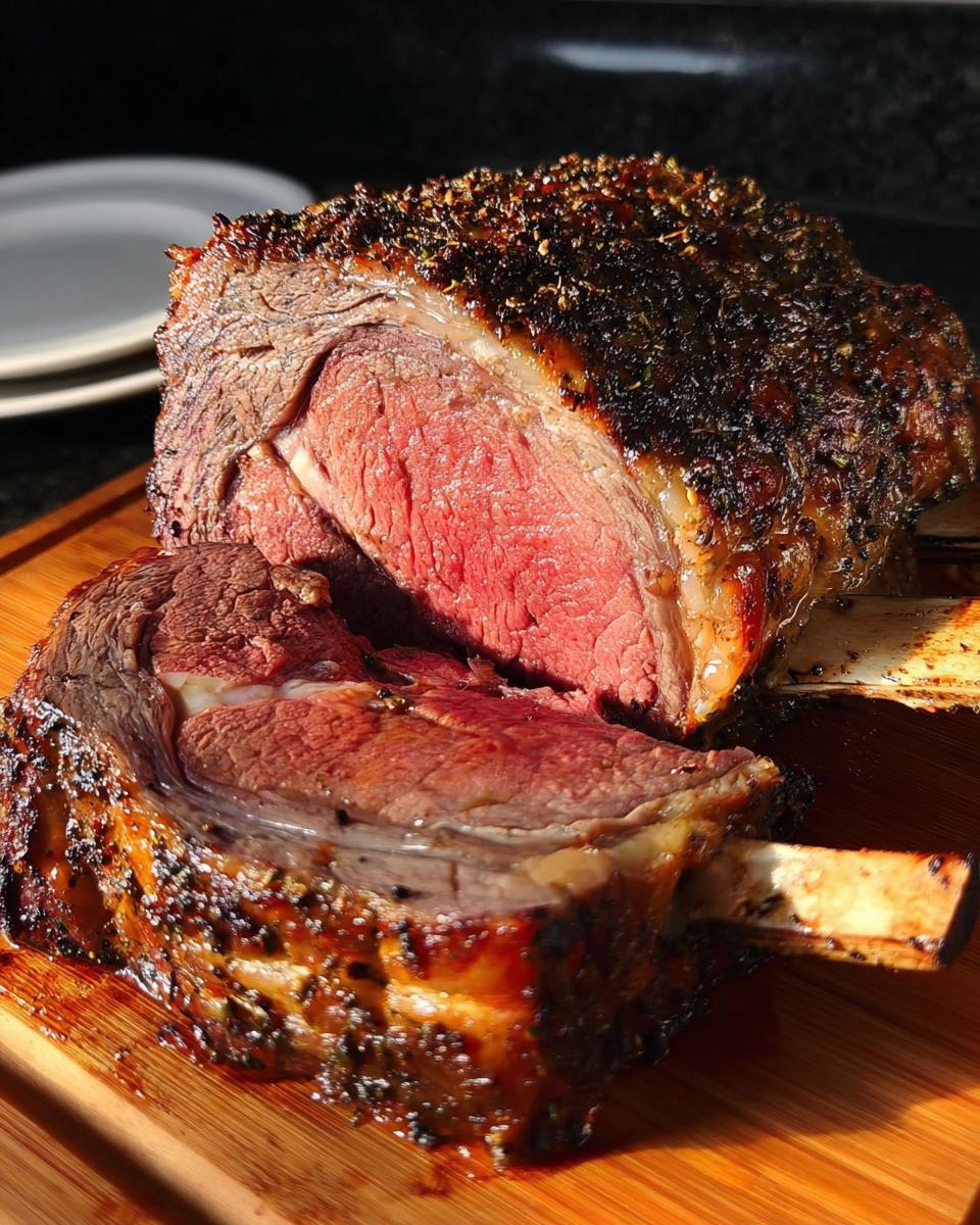 A thick slice cut from a beautifully roasted Prime Rib for Christmas Dinner, showing a perfect medium-rare center.