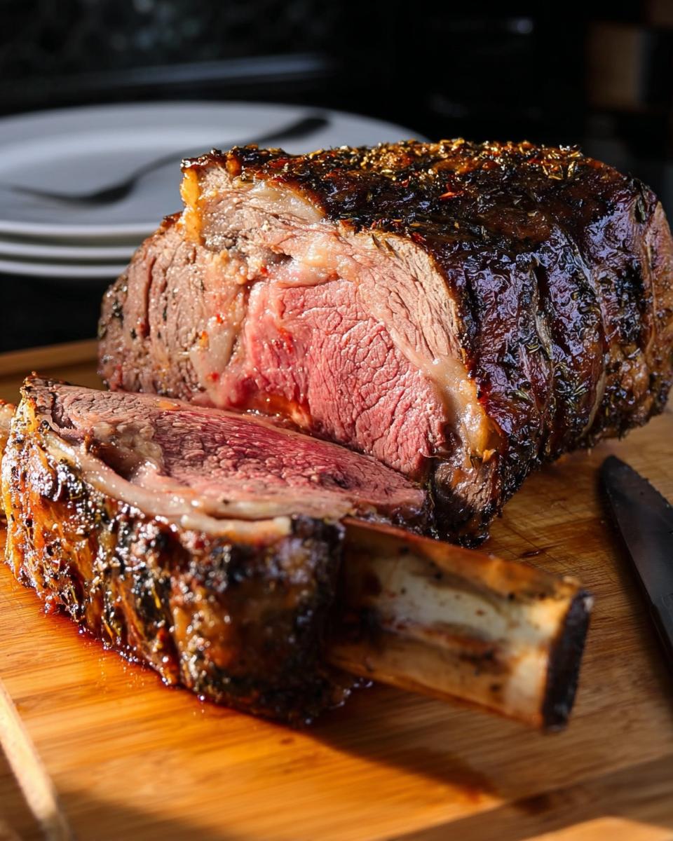 A thick, bone-in prime rib roast, sliced to reveal a medium-rare center, ready for Christmas Dinner.