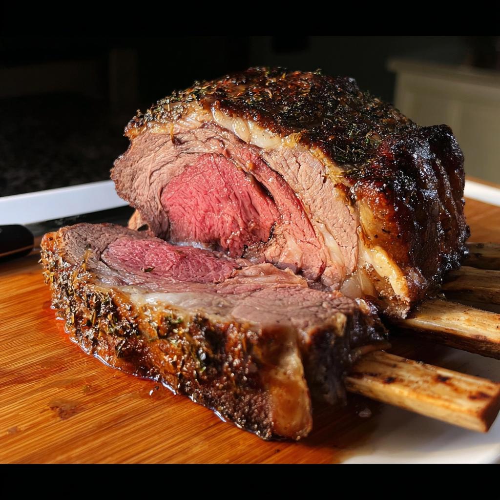 A beautifully roasted and sliced Prime Rib for Christmas Dinner showing a perfect medium-rare center.
