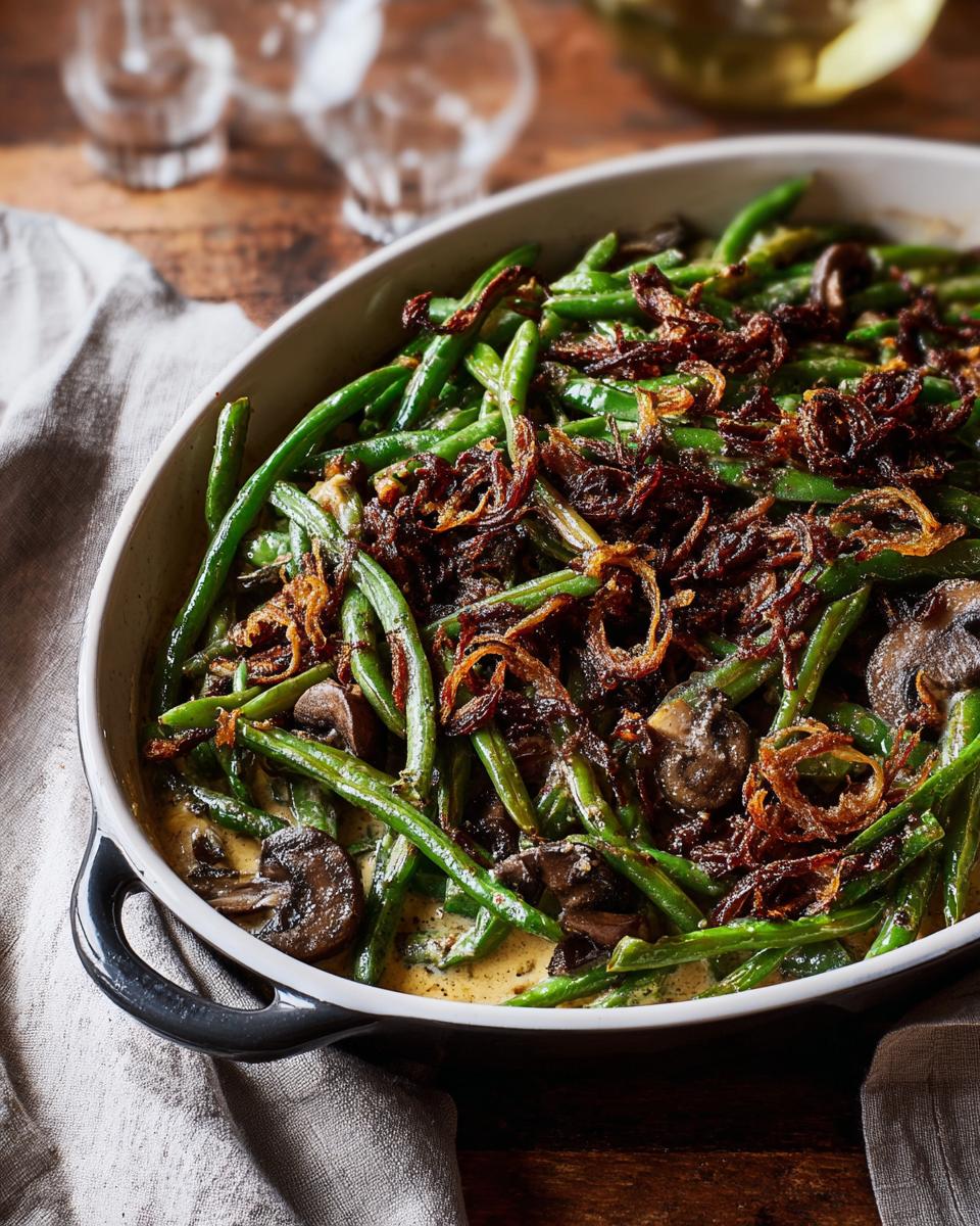 A close-up of perfect Thanksgiving green beans in a creamy sauce, topped with crispy fried onions and mushrooms.